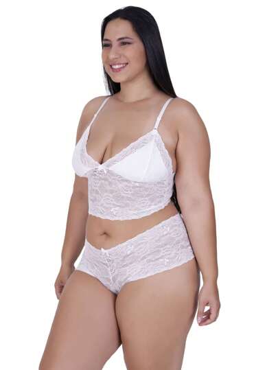 Conjunto Lingerie Plus Size De Renda Cropped e Calcinha Short Sexy