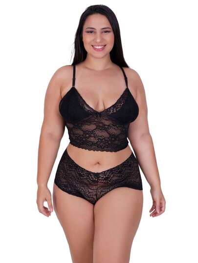 Conjunto Lingerie Plus Size De Renda Cropped e Calcinha Short Sexy