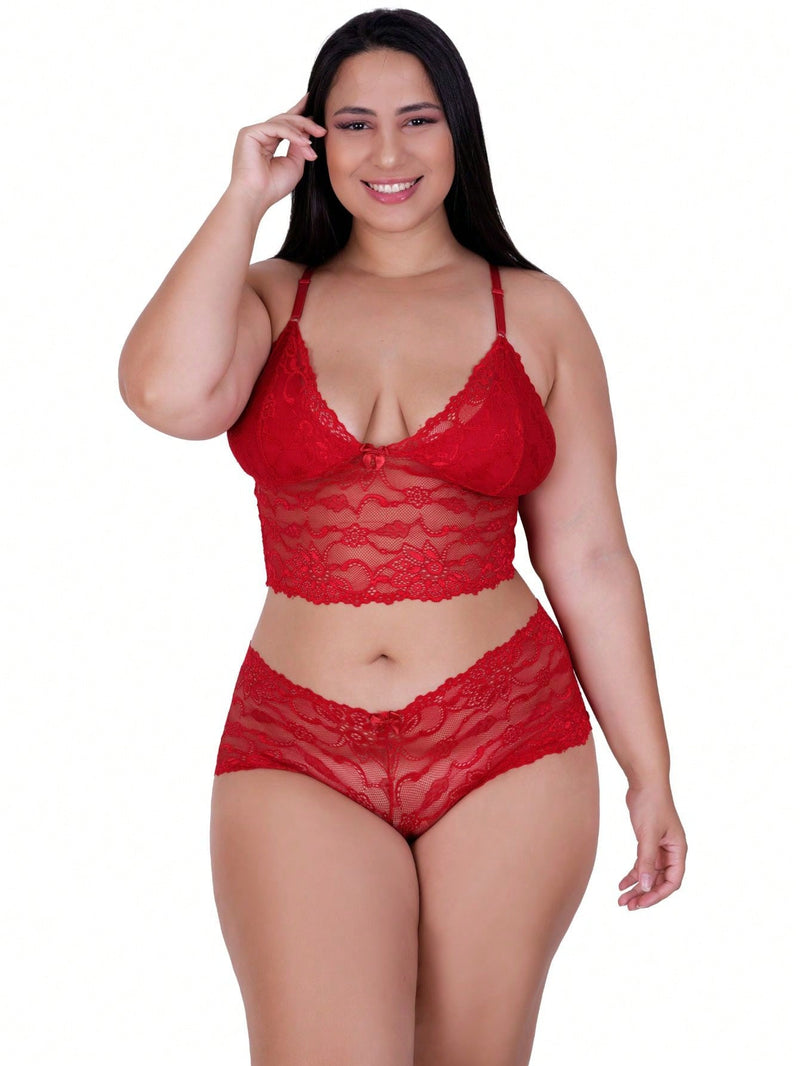 Conjunto Lingerie Plus Size De Renda Cropped e Calcinha Short Sexy